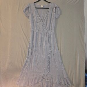 Naïf Striped Wrap Midi Dress Medium Womens Blue White Ruffle Hem Puff Sleeve
